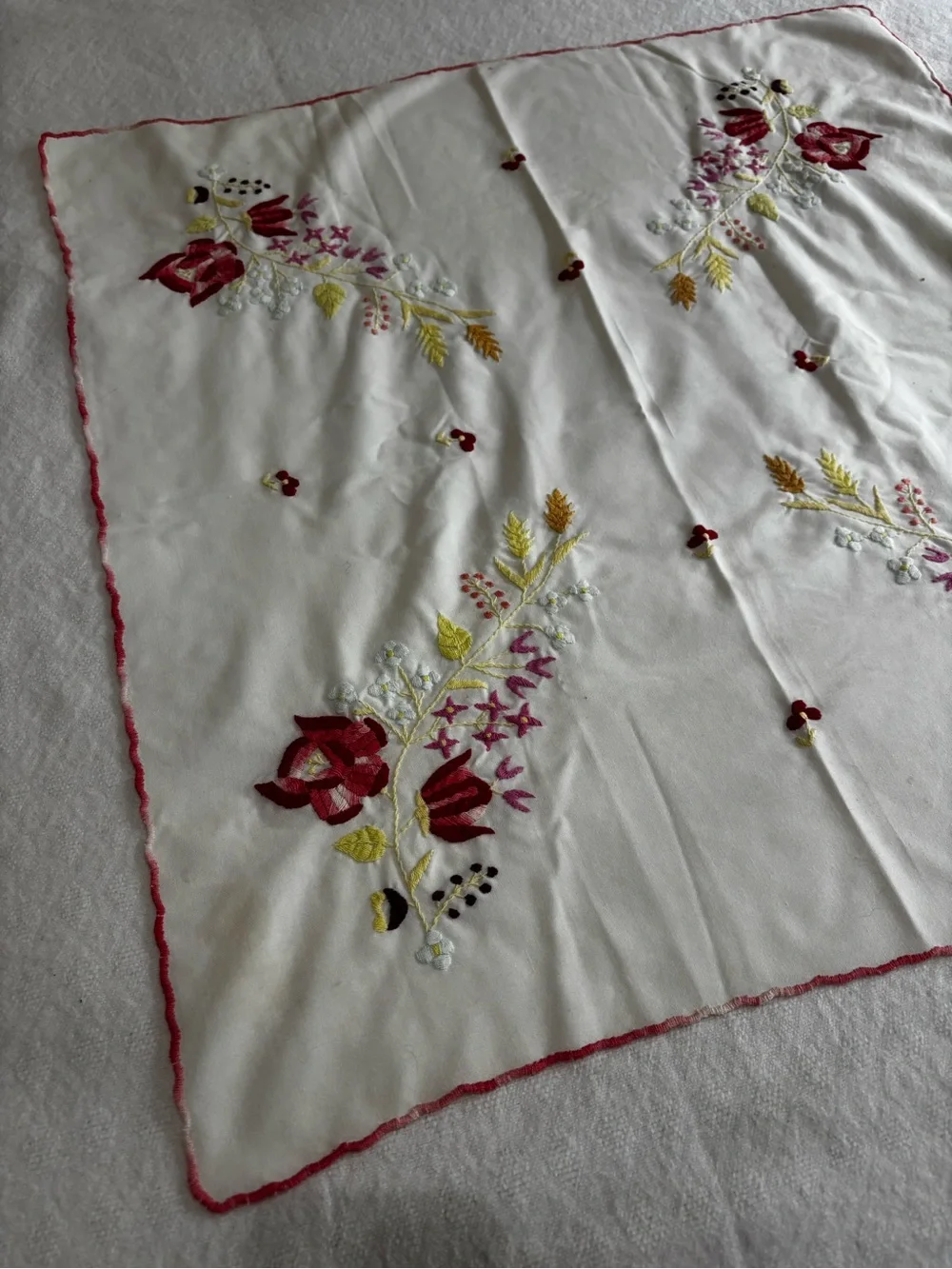 Embroidered Floral White Handkerchief with Pink Accents